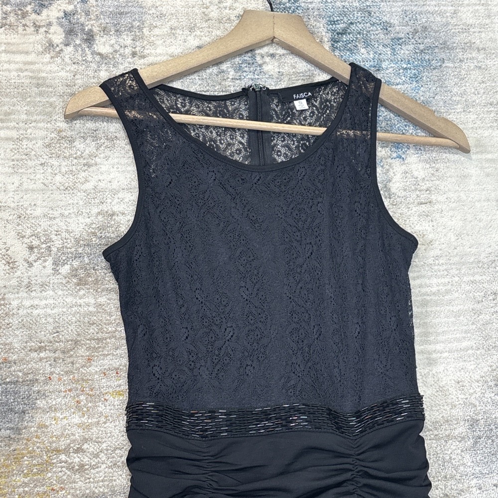 Vintage Y2K FAISCA Black Lace Ruched Mini Dress Goth Coquette Party Size S
